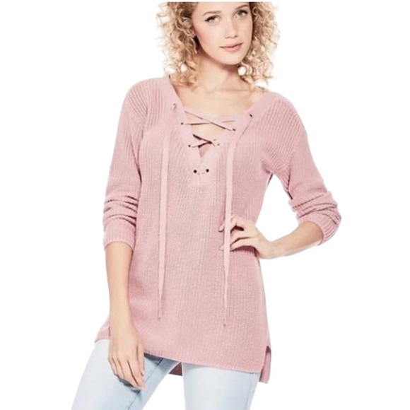 Guess Sweaters - GUESS KHLOE Dusty Rose ribbed strappy V-neck  criss cross boho high low sweater